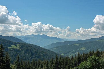 Fototapeta premium A landscape featuring a clear sky above grassy hills, dense woods, and scattered clouds