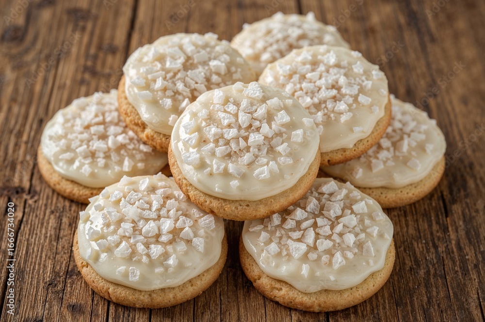 Poster biscuits topped with a light meringue layer arranged on a rustic wood surface