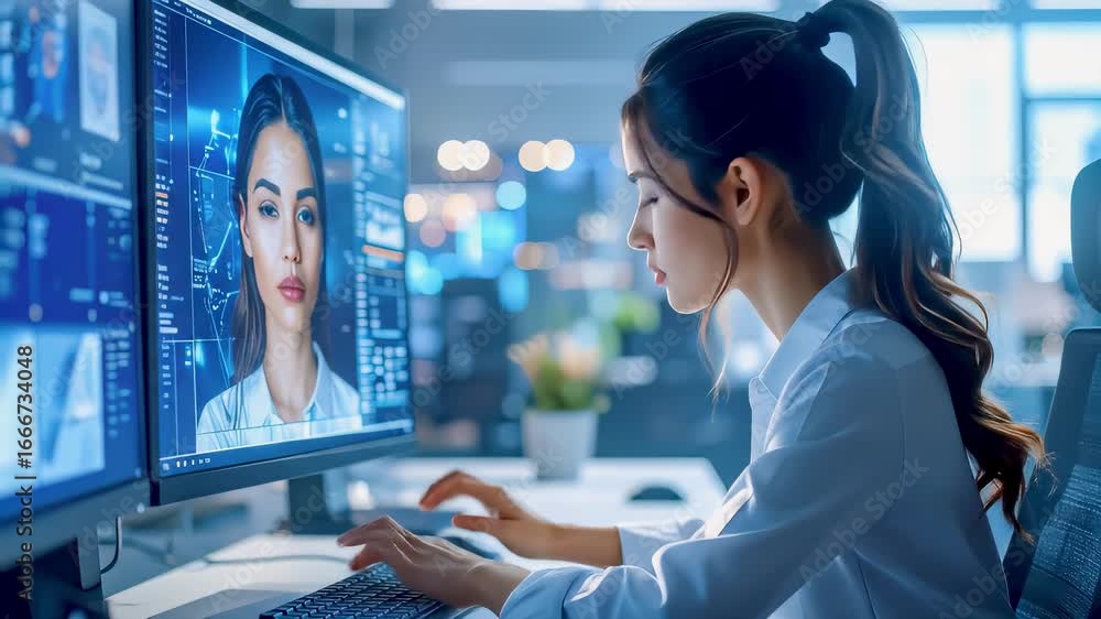 Poster woman using ai image generation software in modern office, editing digital portrait on computer scre