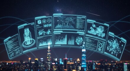 Futuristic data visualization over city skyline at night