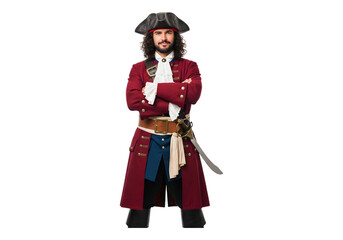 Man in historical pirate costume with cutlass and fur hat posing confidently with arms crossed transparent background