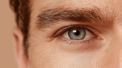 Obraz premium Close up of blue eye with detailed eyebrow and skin texture showing natural eyelashes and smooth skin in soft lighting