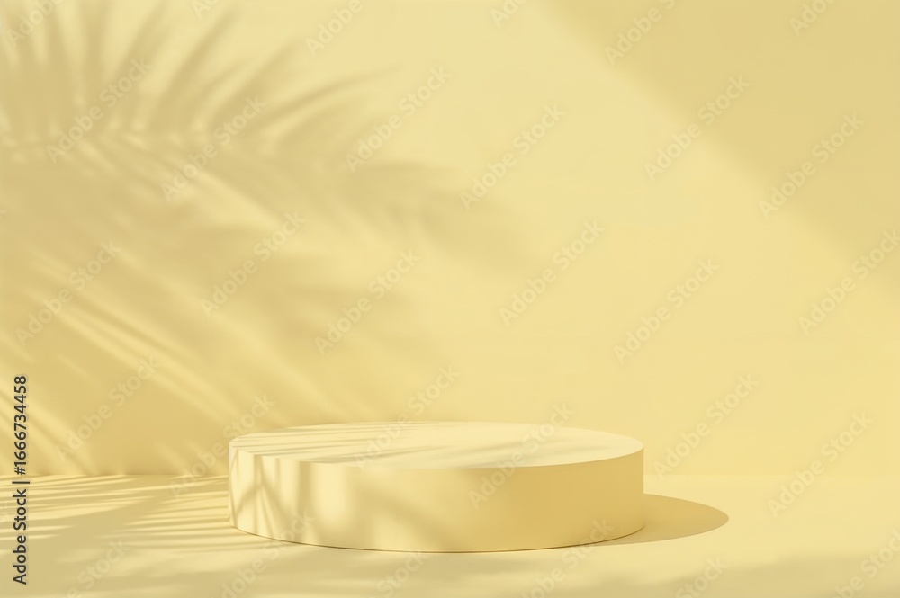 Poster minimalist 3d platform with soft gradient and leaf shadow on yellow background