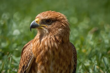 Orange fierce griffin bird against a lush green backdrop on a bright sunny day, detailed feathers visible, isolated in nature with grass and white highlights, showcasing animal beauty and a close-up