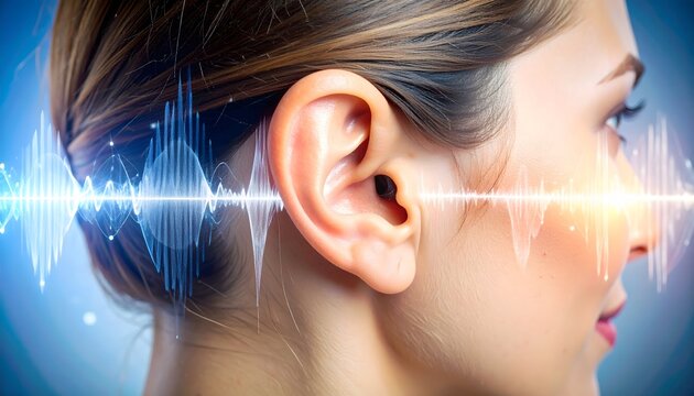 Female Ear with Blue Digital Sound Waves and Futuristic Audio Visualization