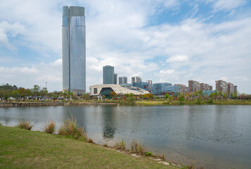 Obraz premium Empty Square and City Skyline, Xinglong Lake Park, Chengdu, China