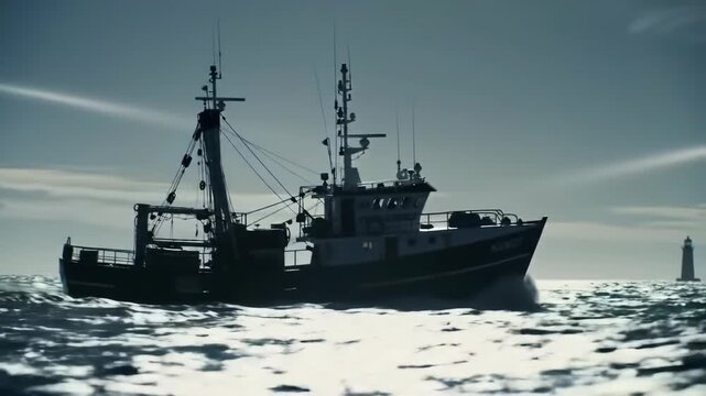 Fishing vessel sailing on a calm sea under a hazy sky