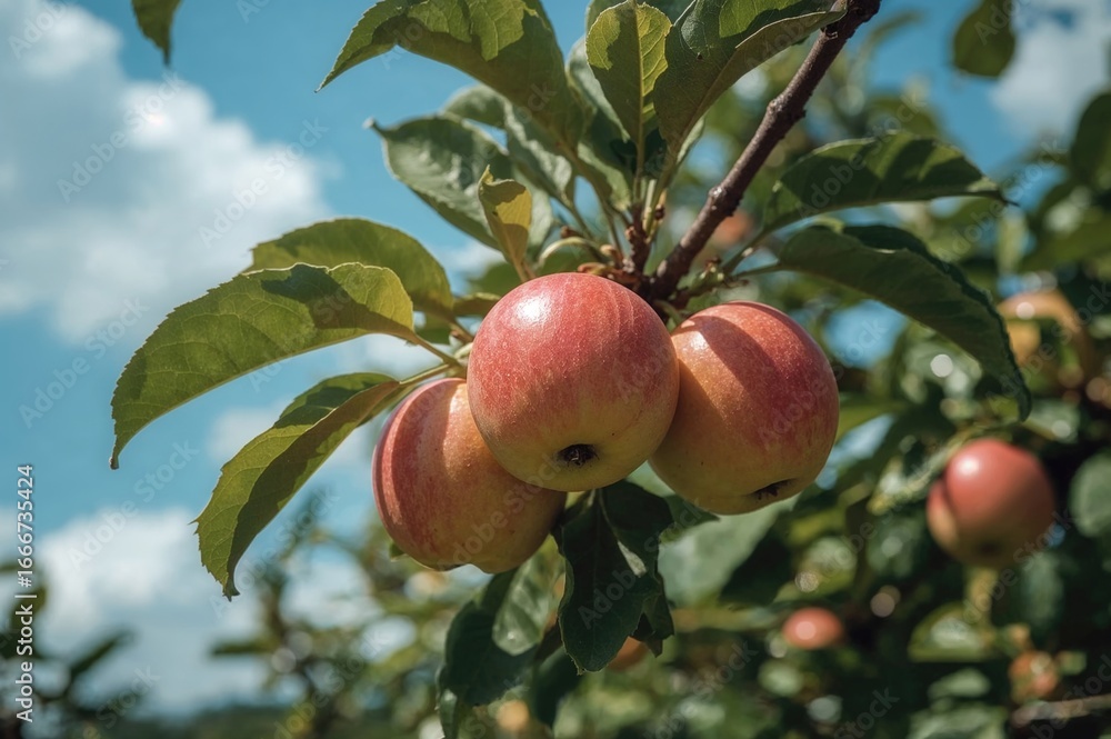 Poster close-up shot of apples hanging from a tree branch with blurred background