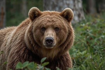 Fototapeta premium Intrigued Brown Bear Gazing Directly at Camera in Woodland