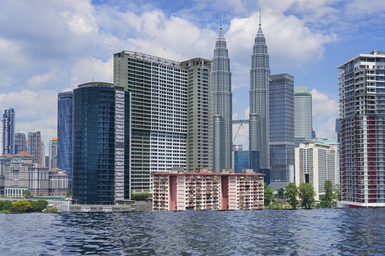Kuala Lumpur city skyline seen from an infinity pool, Malaysia, Asia