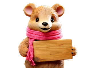 Cute Animal Figurine Holding Blank Rustic Sign, Transparent Background