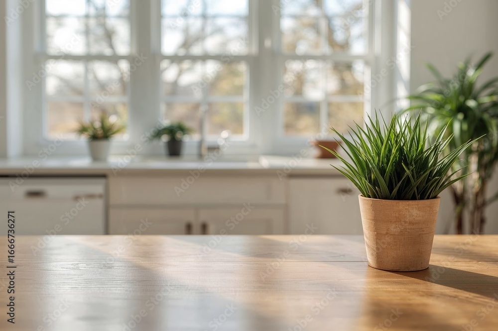 Poster workspace with ample room and spring scenery through the window