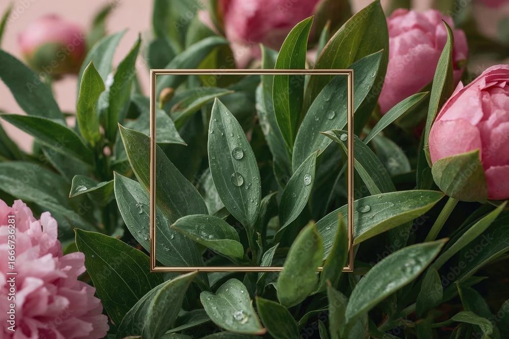 Poster creative design featuring a frame surrounded by fresh green peony foliage. dew-covered spring leaves