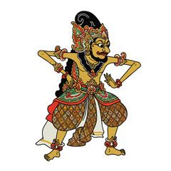 A captivating Wayang Betawi character, dressed in an elaborately colorful traditional costume, is beautifully rendered with clean lines as a detailed vector illustration.