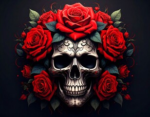 Skull adorned with red roses