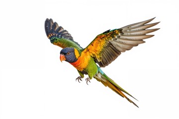 Fototapeta premium Vibrant parrot soaring against a plain white backdrop with cutout effect