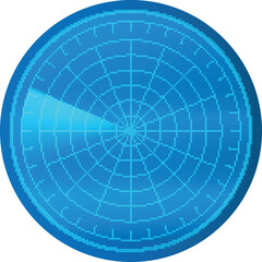Realistic digital blue HUD radar display in searching, vector pixel navigation interface, 8 bit navy or air sonar system
