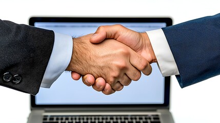 Handshake between two coworkers near open laptop screen, captured with mirrorless camera and 50mm lens, crisp detail on hands and screen reflection, natural daylight filling workspace