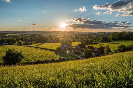 Rural settlement surrounded by picturesque farmland under a summer sky