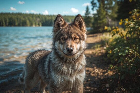 Canine enjoying a serene lake in a northern woodland