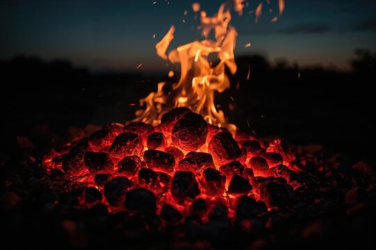 Close-up shot of glowing embers in a fiery blaze