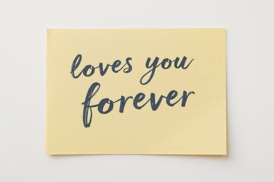 Close-up of a single yellow paper featuring handwritten message 'loves you forever' with blank area