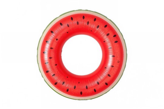 Overhead close-up of a vibrant red and green watermelon designed as a round swimming pool float with black seeds, perfect for kids at the beach, set against a white background