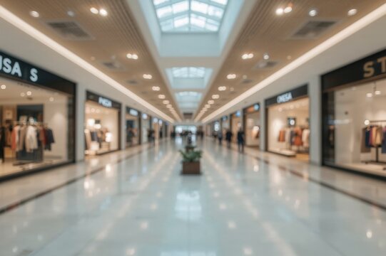 Out-of-Focus Interior of a Retail Center Featuring Well-Lit Open Pathways Perfect for Shopping Ambiance. Soft Focus Image.