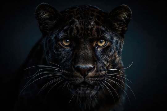 Detailed view of a black panther against a shadowy background