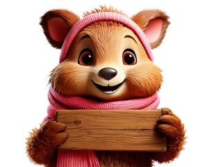 Firefly Charming cartoon animal figurine with soft brown tones and a cozy pink scarf, holding up a r