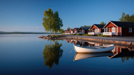 Obraz premium A traditional Finnish lakeside village with small wooden houses painted in the iconic deep red color, their white-framed windows glowing softly in the northern daylight