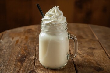 Chilled vanilla milkshake topped with whipped cream in a glass jar with a dark straw on a wooden surface.