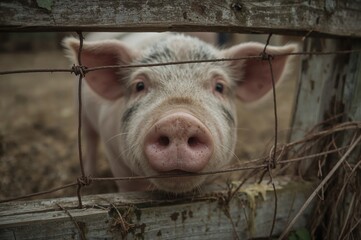 Detailed view of a pig's nose through a wooden barrier