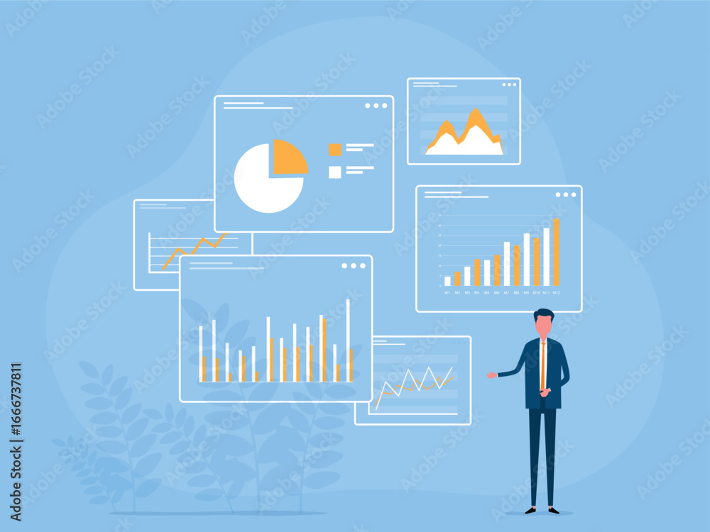 Poster flat illustration people working with report graph dashboard information. business data analytics de