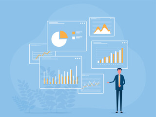 flat illustration people working with report graph dashboard information. business data analytics design. business finance investment concept.