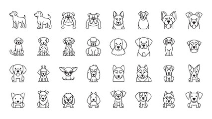 Dog Breeds line icon set. Vector pictograms of labrador, golden retriever, german shepherd, bulldog, beagle, poodle, dachshund, pug, shih tzu, maltese, yorkshire terrier thin linear illustration.