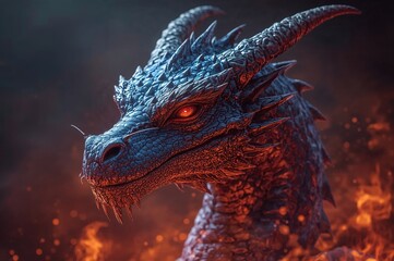 Fantasy dragon portrait featuring a unique blue dragon head engulfed in flames, 3D art style
