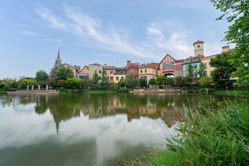 Obraz premium The European town by the lake
