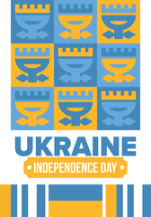 Ukraine Independence Day. National happy holiday, celebrated annual in August 24. Ukrainian flag. Blue and yellow. Patriotic elements. Poster, card, banner and background. Vector illustration