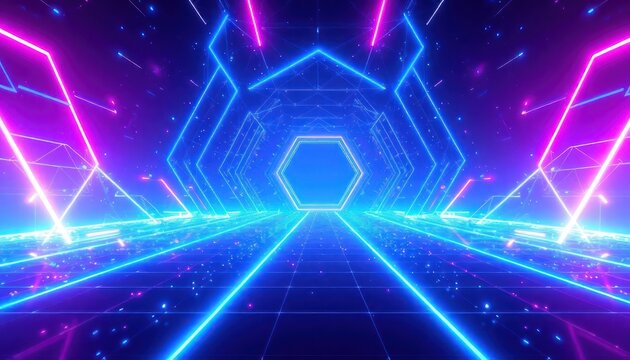 Abstract neon tunnel with glowing blue and pink geometric lines, creating a futuristic digital pathway. Ideal for technology, gaming, or virtual reality concepts. - Powered by Adobe
