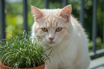 Cream-colored shorthair feline smelling a pot of kitty grass on a terrace