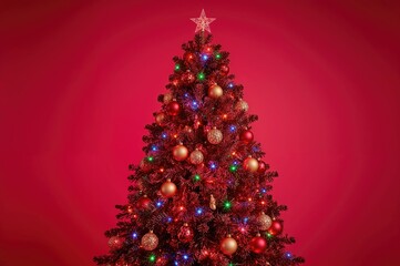 Fototapeta premium Christmas tree adorned in vibrant red hues and multicolored LED lights