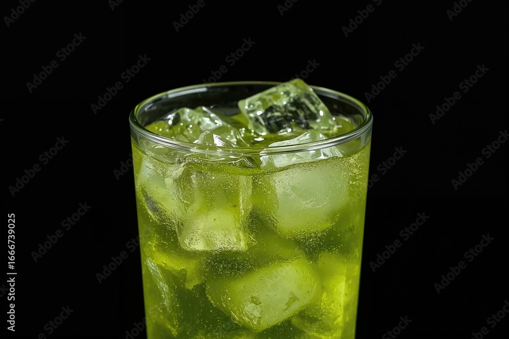 Poster close-up of a refreshing kiwi juice drink with ice cubes on a dark backdrop