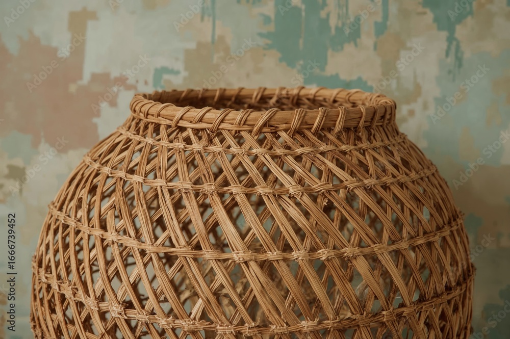 Poster detailed view of a bamboo-crafted woven container with textured abstract patterns
