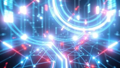Abstract glowing digital network with blue and red lines, representing data flow, technology, and interconnectedness. Ideal for business, science, or future concepts.