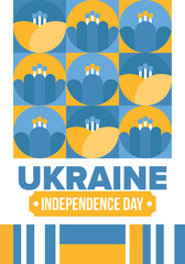 Ukraine Independence Day. National happy holiday, celebrated annual in August 24. Ukrainian flag. Blue and yellow. Patriotic elements. Poster, card, banner and background. Vector illustration