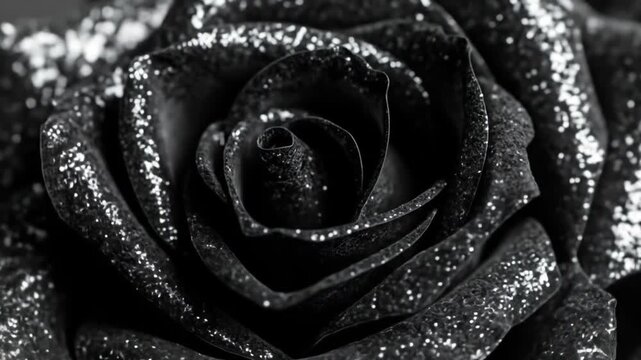 Close Up of Black Rose with Silver Glitter Elegant Monochrome Floral Art with Deep Shadows and Velvety Petals