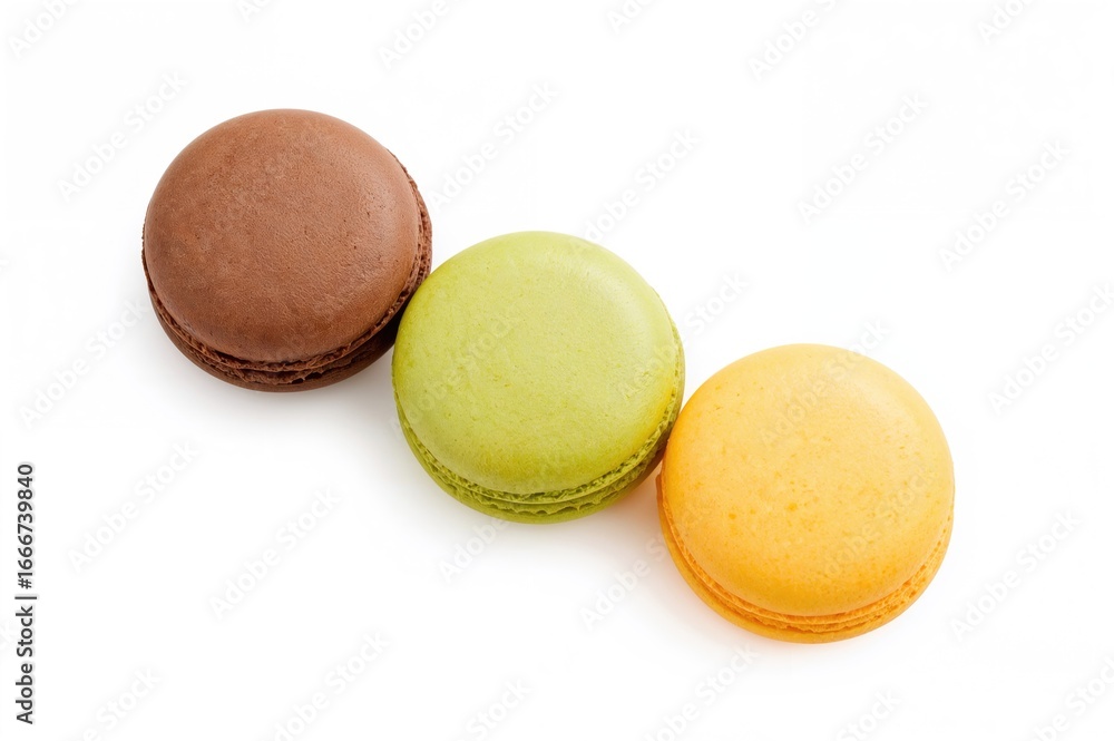 Poster close-up of three assorted macaroons on a white background from above