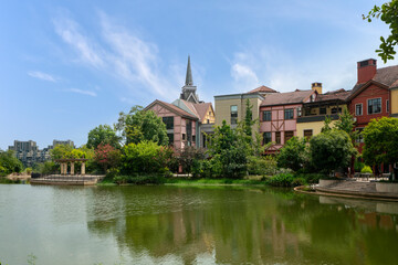 Fototapeta premium The European town by the lake