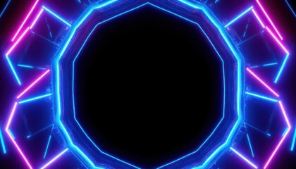Vibrant neon blue and pink lights form an abstract octagonal frame, creating a futuristic and energetic background perfect for technology, gaming, or event themes.